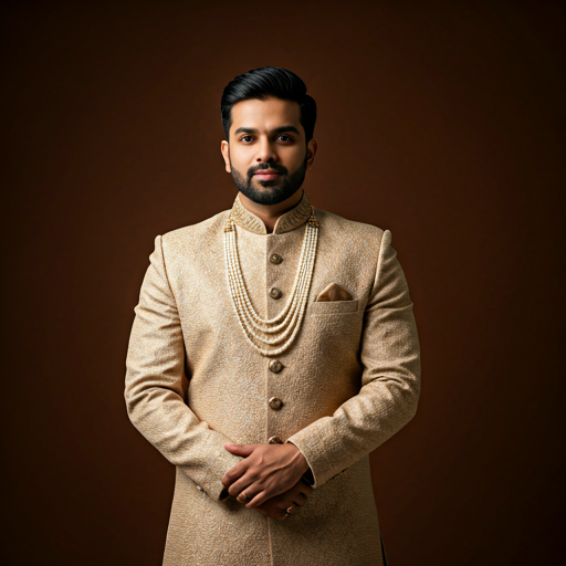 Portrait of groom in beige sherwani