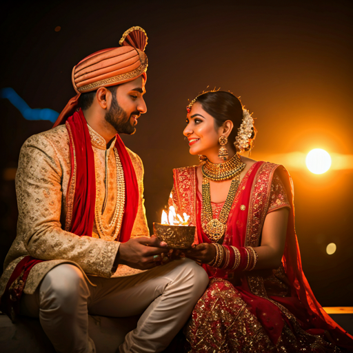Cinematic wedding portrait at sunset
